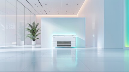 A modern air conditioning unit stands prominently in a bright, minimalist office environment, emphasizing the clean lines and spacious layout