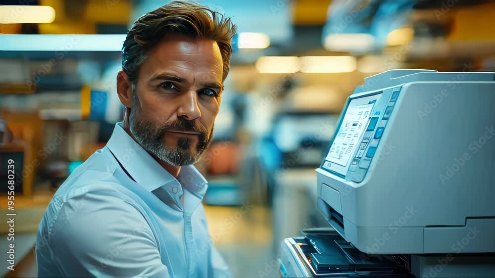 Poster hand operating a high-tech printer in an office setting, focused on document processing