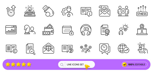 Video conference, Help and Stress grows line icons for web app. Pack of Flash memory, Inspect, Brand pictogram icons. Money wallet, Confirmed mail, Music phone signs. Search bar. Line icons. Vector