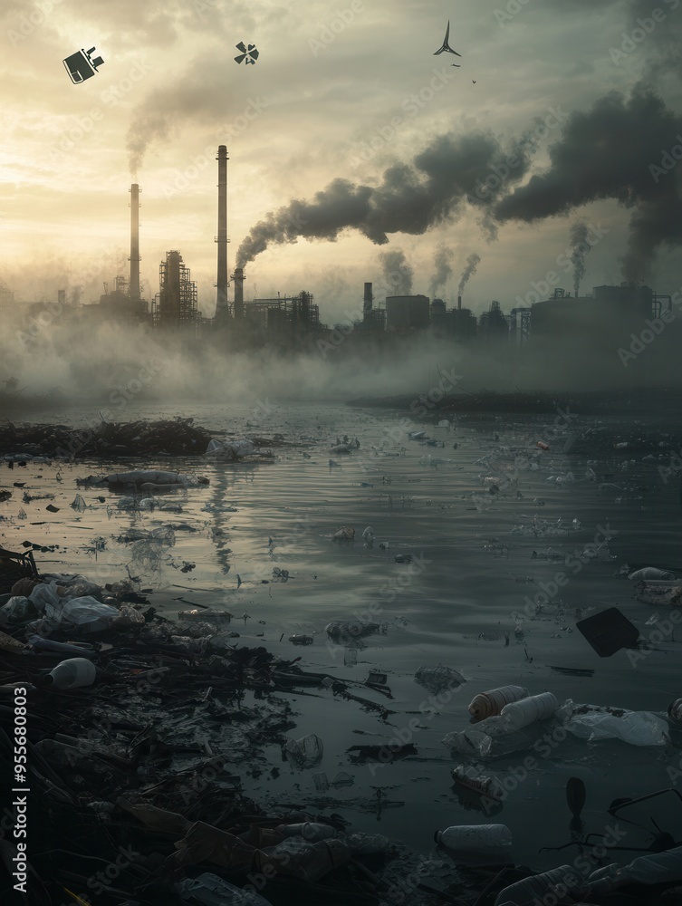 Poster a dense layer of smog hangs over a bustling metropolis, as factories emit smoke and a river becomes 