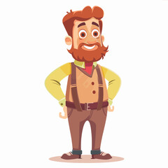 Fototapeta premium A man with a beard and mustache is smiling and wearing a yellow shirt and brown pants. He is standing with his arms crossed and looking at the camera