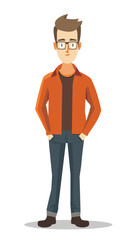 Obraz premium A man in glasses and an orange jacket stands in front of a white background. He is a businessman or a student, and he is wearing a blue pair of jeans