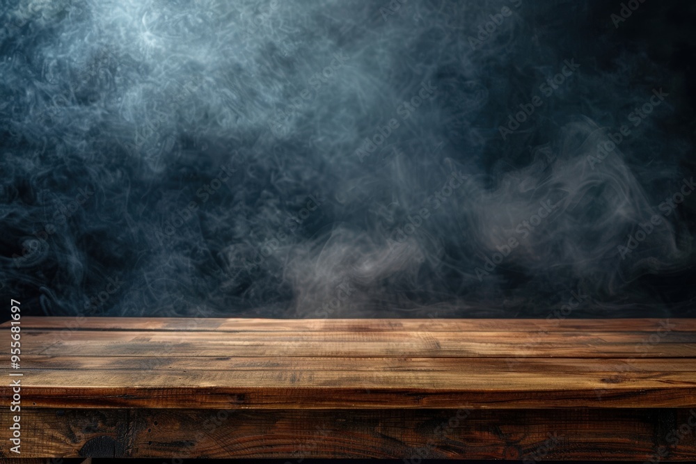 Wall mural a wooden table with smoke in the background, generative ai image