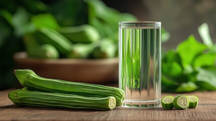 banner promoting okra water for weight loss, featuring fresh okra and a glass of water on a wooden table, to support healthy and natural weight loss