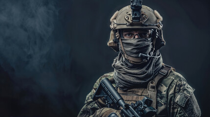 Fototapeta premium Modern warfare soldier holding assault rifle in smoky background