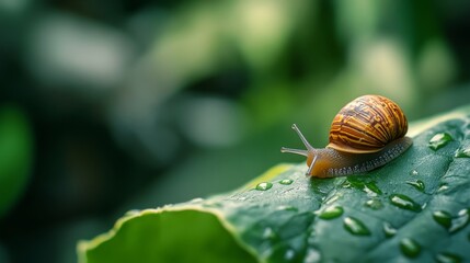 A detailed close-up of a snail on a large leaf. The texture of the snail's shell and the veins of the leaf are captured in a complex natural environment.