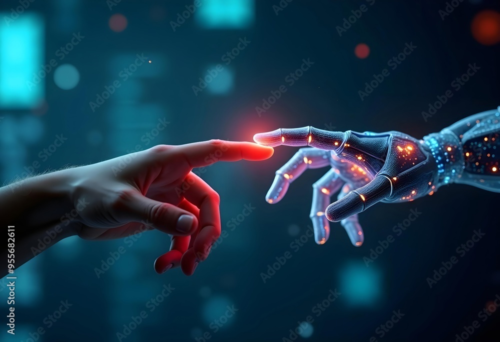 Poster an exploration of human connection with advanced technology through a hand touching a futuristic rob