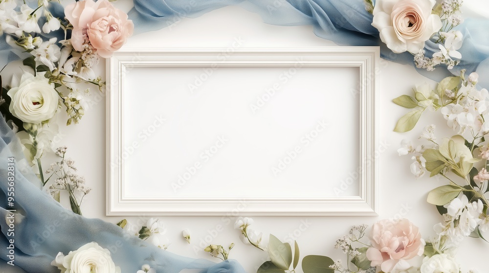 Poster elegant floral arrangement with a blank frame for showcasing art or messages at a serene setting