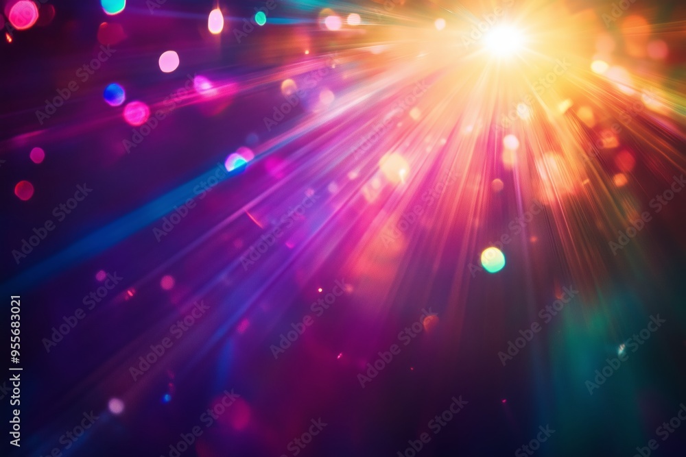 Poster colorful light rays and bokeh effects create a vibrant atmosphere in a dark setting during an evenin