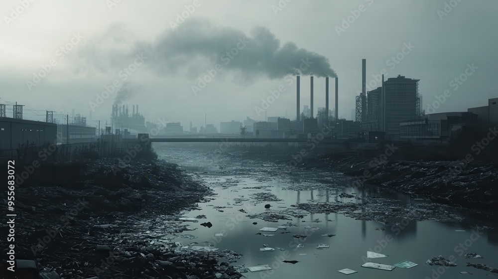 Poster a haze of thick smog envelops a modern metropolis, revealing factory silhouettes and a river choked 
