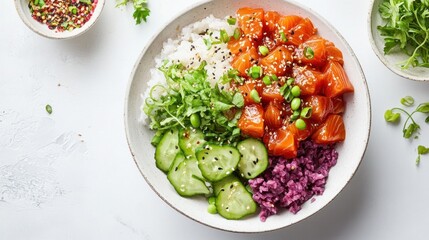 Delicious Salmon Poke Bowl with Rice, Cucumber, and Edamame