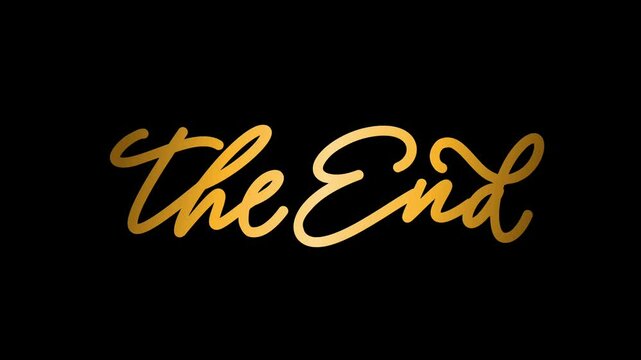 Gold cursive writing on black background reads The End. animation text the end