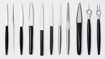 Watercolor paper texture sticker design pastel colors simple lines surgical tools scalpel forceps and sutures arranged neatly soft grey background grey silver palette