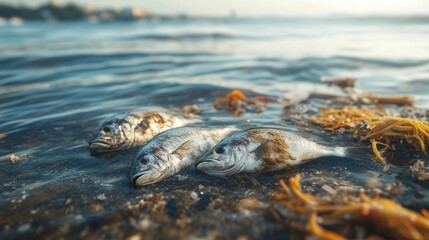 A shoreline littered with dead fish, amidst plastic debris and oil spills, showcases the damaging effects of pollution on marine life. Generative AI