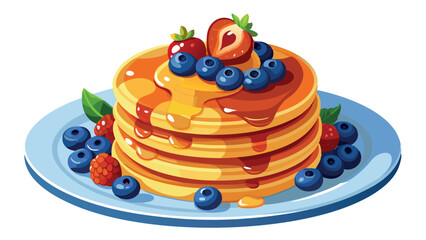 Stack of delicious pancakes covered with syrup and berries for breakfast
