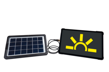 Portable solar panel connected to tablet PC on transparent background (close-up). On the tablet PC screen is an icon representing the sun. Renewable green alternative energy concept