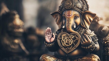 Obraz premium Ganesha with a clockwork heart, gears and cogs, steampunk design, set in an antique workshop