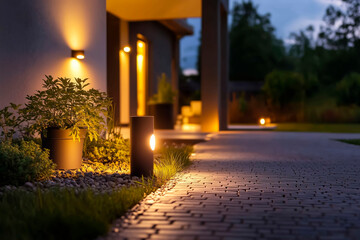 Outdoor lighting of a garden path, powered by solar energy at dusk. A garden with abundant plants and flowers. Integration of solar technology.