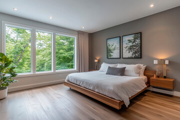 Elegant bedroom with panoramic view from the window.