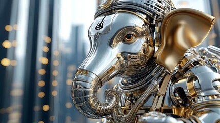 Obraz premium Ganesha with a mechanical elephant face, chrome and brass elements, set in a high-tech cityscape