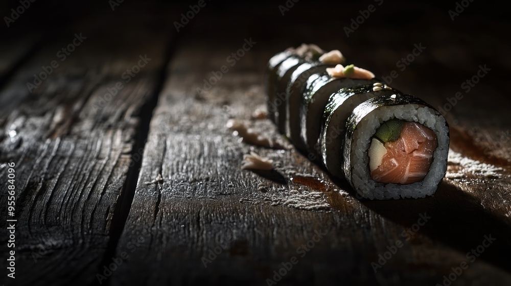 Sticker Salmon Sushi Roll on Wooden Table