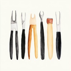 Watercolor paper texture sticker design pastel colors simple lines surgical tools scalpel forceps and sutures arranged neatly soft grey background grey silver palette