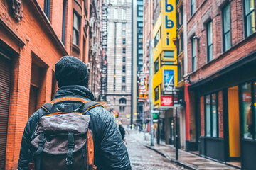 A man with a backpack walks down a city street in winter with snow on the ground and buildings on each side. Generated with AI.