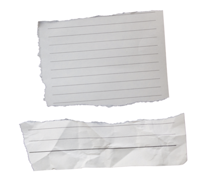 Two piece of ripped torn lined paper on transparent background, paper cut out design elements