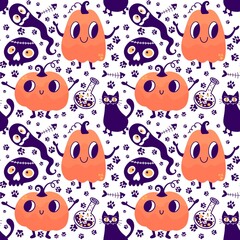 Fototapeta premium Halloween cute pumpkins seamless monsters pattern for wrapping paper and fabric