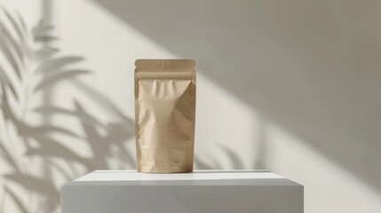 A brown paper bag stands on a white pedestal, bathed in natural light. Its simple design complements the shadows created by nearby plants, adding a touch of elegance