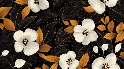Abstrakcyjny wzór kwiatowy w odcieniach czerni, złota i bieli na tle. Połączenie tych kolorów tworzy elegancki, nowoczesny wygląd z subtelnym, ale wyraźnym motywem kwiatowym.