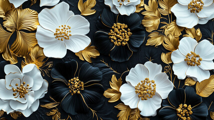 Abstrakcyjny wzór kwiatowy w odcieniach czerni, złota i bieli na tle. Połączenie tych kolorów tworzy elegancki, nowoczesny wygląd z subtelnym, ale wyraźnym motywem kwiatowym.