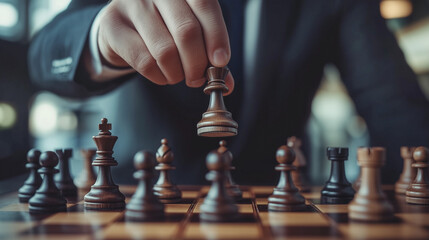 Mężczyzna w garniturze przesuwa pionka na szachownicy, symbolizując strategiczne myślenie i planowanie.