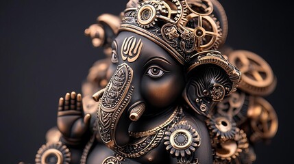 Ganesha with mechanical gears and cogs, steampunk design, brass and bronze elements, futuristic vibe