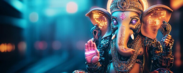 Ganesha with mechanical limbs, exposed circuits, and glowing accents, set in a high-tech environment