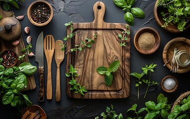 A rustic wooden cutting board surrounded by fresh herbs, spices, and kitchen utensils.