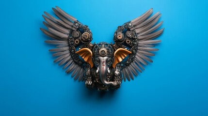 Fototapeta premium Ganesha with mechanical wings, metallic feathers, and exposed gear mechanisms, futuristic deity concept