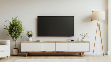 Przestronny salon z miejscem na telewizor na współczesnej szafce. W aranżacji uwzględniono lampę, stół, bukiet świeżych kwiatów oraz roślinę doniczkową, co nadaje pomieszczeniu nowoczesny i elegancki 