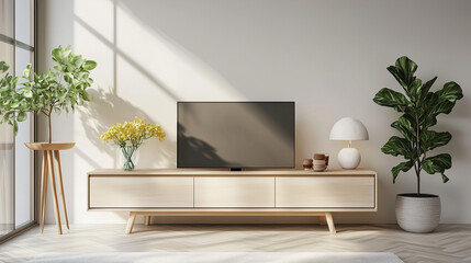 Przestronny salon z miejscem na telewizor na współczesnej szafce. W aranżacji uwzględniono lampę, stół, bukiet świeżych kwiatów oraz roślinę doniczkową, co nadaje pomieszczeniu nowoczesny i elegancki 