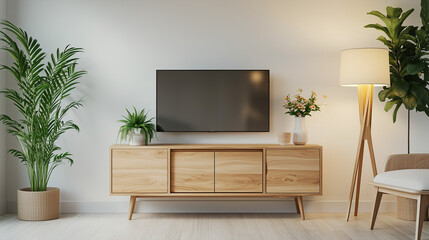 Przestronny salon z miejscem na telewizor na współczesnej szafce. W aranżacji uwzględniono lampę, stół, bukiet świeżych kwiatów oraz roślinę doniczkową, co nadaje pomieszczeniu nowoczesny i elegancki 