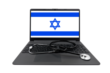Laptop with Israel flag on screen and medical stethoscope on transparent background. Israeli healthcare system concept