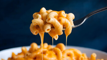 Close-up of Creamy Macaroni and Cheese on a Fork with Melted Cheddar Drips