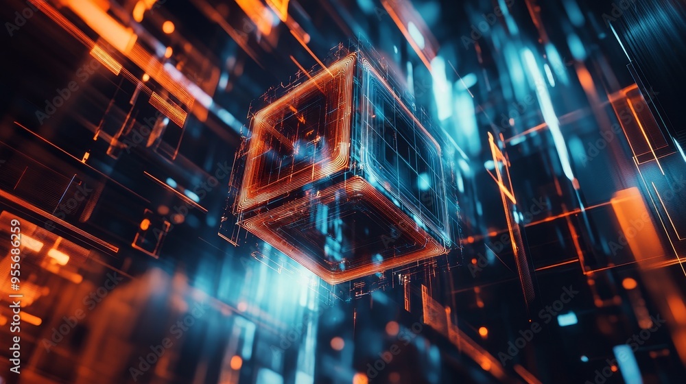 Poster 3d render of a hypercube floating in a digital space