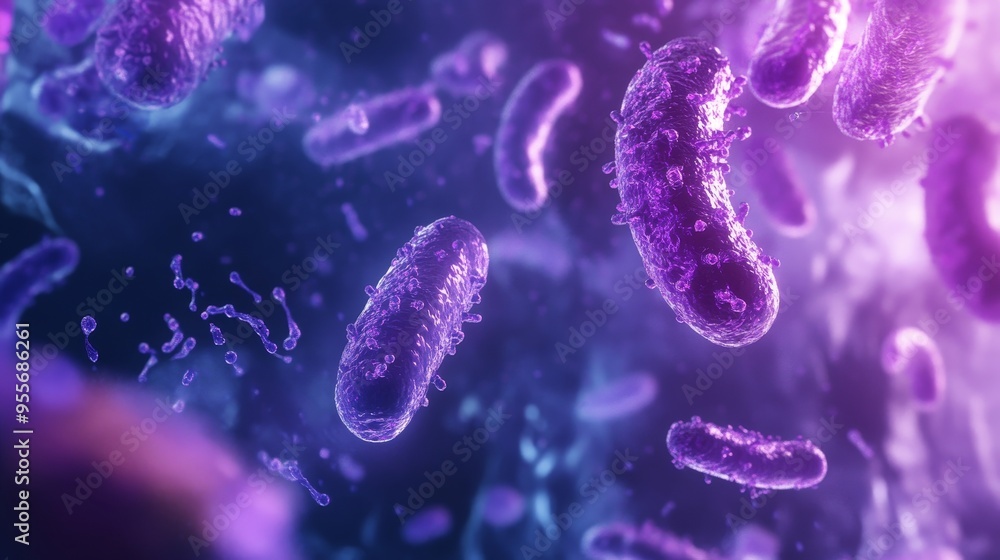 Poster 3d render of shigella bacteria causing dysentery, with bacteria interacting with intestinal cells an