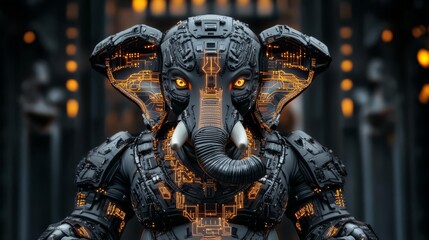 Obraz premium Ganesha with robotic tusks and trunk, glowing circuitry, and metal armor, cyber deity concept