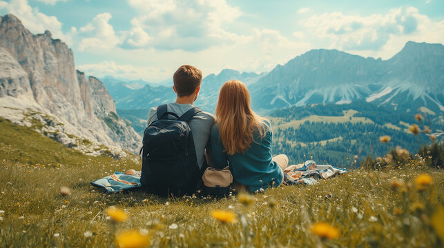 Para zakochanych relaksuje się na pikniku na zielonej łące w Alpach, ciesząc się wspaniałym widokiem g&oacute;r i malowniczym krajobrazem.