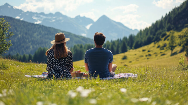 Para zakochanych relaksuje się na pikniku na zielonej łące w Alpach, ciesząc się wspaniałym widokiem g&oacute;r i malowniczym krajobrazem.