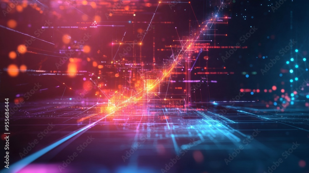 Poster colorful abstract digital background with glowing lines and particles representing technology and in