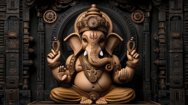 Ganesha with steampunk detailing, clockwork elements, and exposed gears, set in an industrial temple
