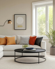 Fototapeta premium Modern Living Room with White Sofa and Geometric Accent Pillows